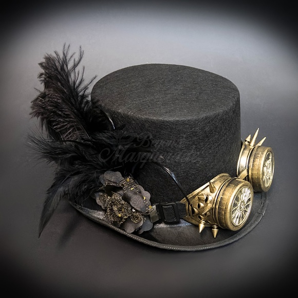 Steampunk Top Hat Costume Goggle Mask Feathers - Picture 1 of 4
